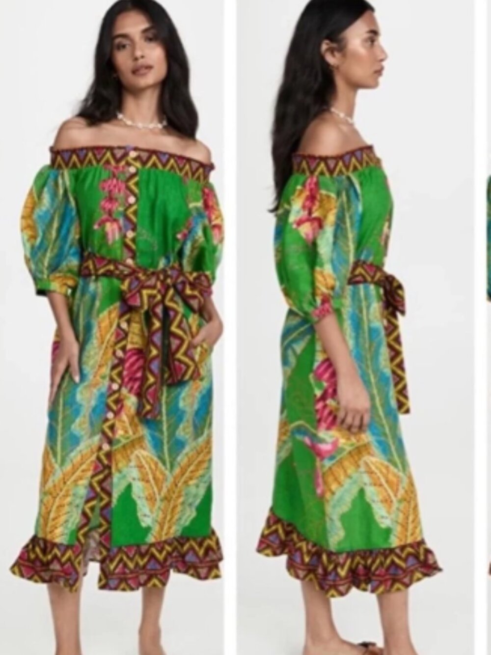 Farm Rio Banana Leaves Off-the-Shoulder Midi Dress Bright Colorful Size Small